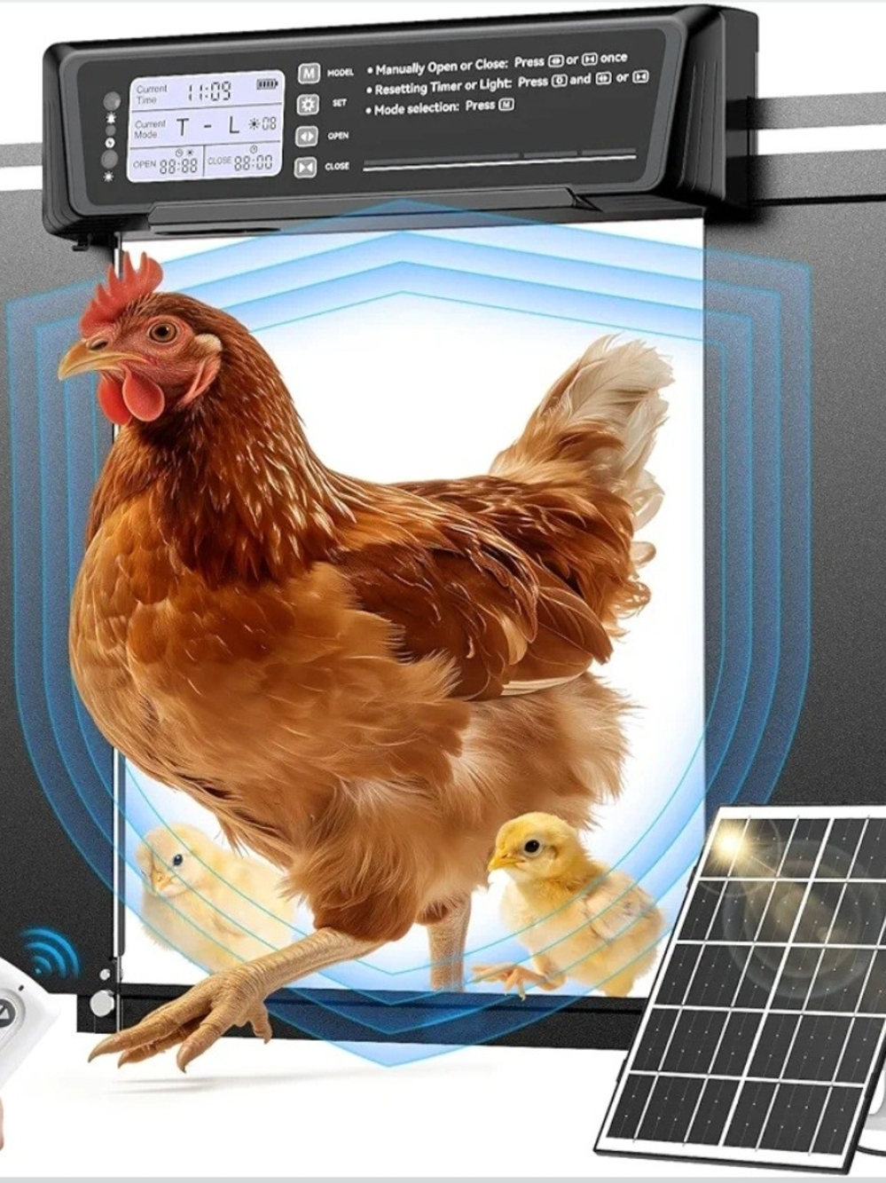 Automatic Chicken Coop Door Large Size, 7W Solar Powered with Timer & Light Sens